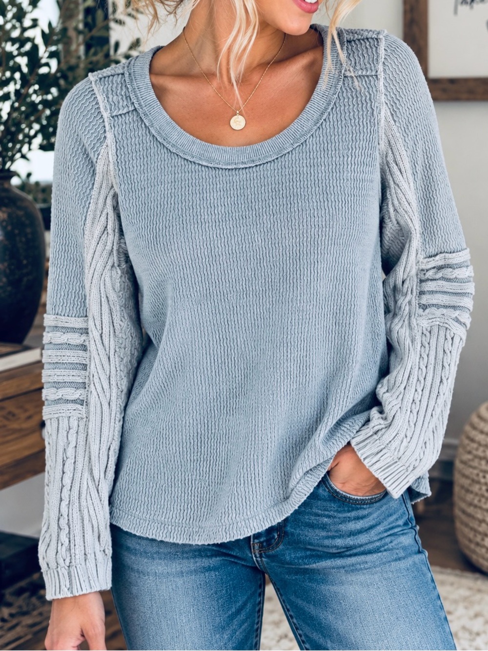 Free People Powder Blue Scoop Neck Cable Sleeve Sweater